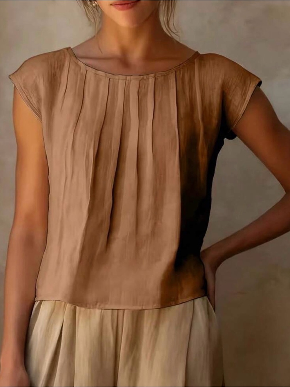 Elegant Pleated Cap-Sleeve Top in Warm Brown - Unbranded